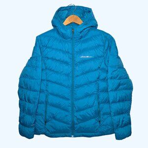 Eddie Bauer Jacket Down Feather Puff Hood EB650 Women Large Teal Bubble Coat